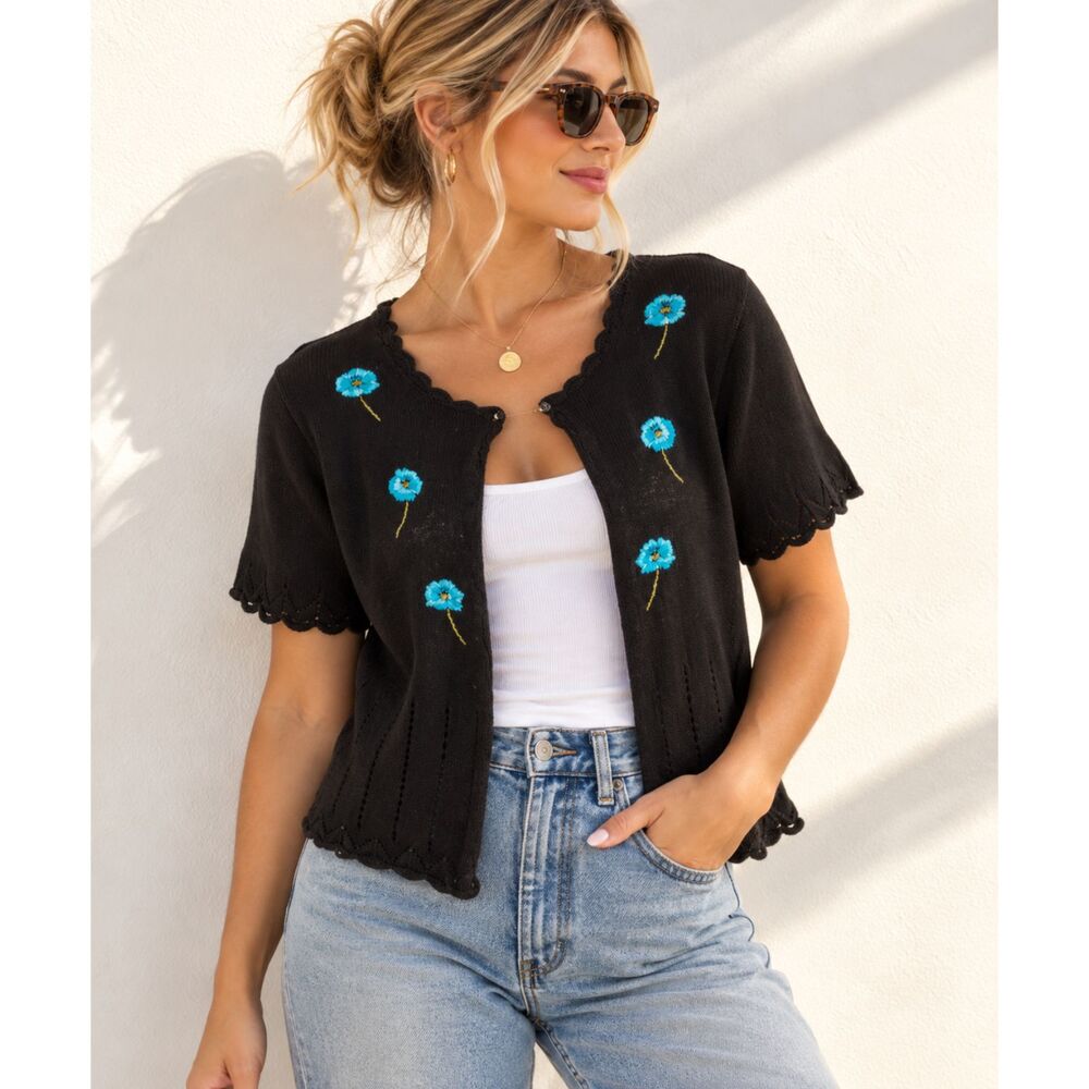 Vintage R&K Original Woman Black Floral Embroidered Cardigan Plus Size 22W